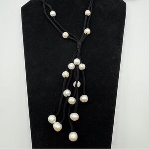 Freshwater Pearl Tassel Necklace 28” on Black Suede Cord